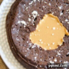 Fudgy pressure cooker brownie with a melted peanut butter center, sprinkled with powdered sugar on a white plate – a perfect quick and decadent treat.