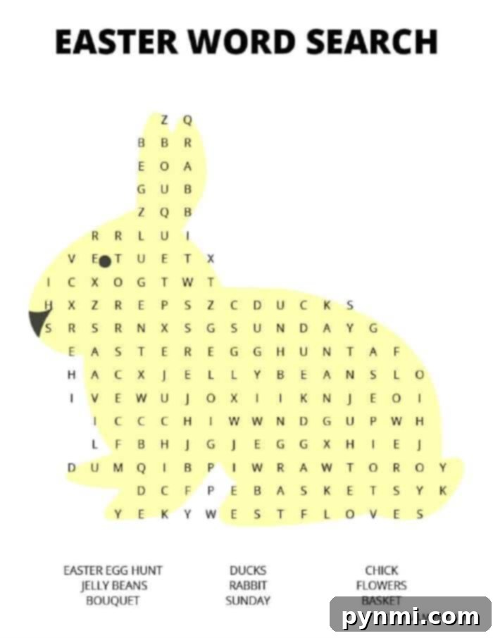 A second free Easter word search printable, focusing on a different design and set of words for continued holiday fun.