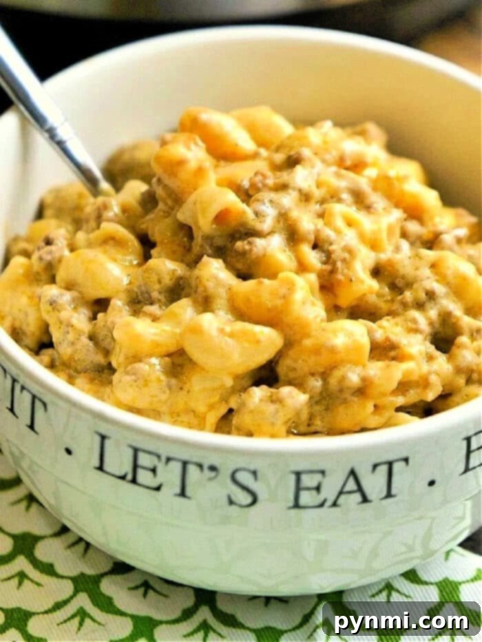 Instant Pot Cheeseburger Macaroni, a cheesy ground beef pasta dish with elbow macaroni, served in a white bowl.
