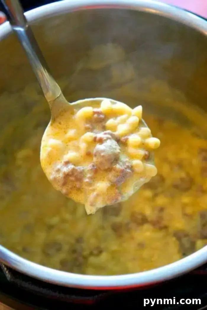 A close-up shot of a serving of cheesy Instant Pot Cheeseburger Macaroni, loaded with ground beef and elbow noodles, topped with fresh herbs.