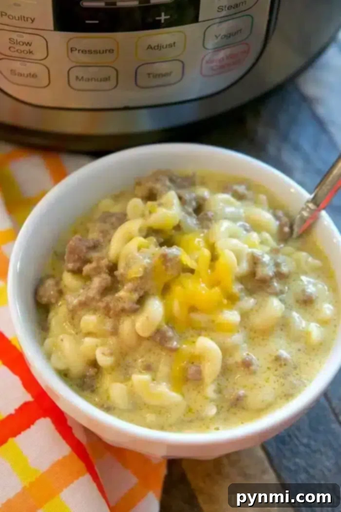 A serving of creamy Instant Pot Cheeseburger Casserole in a bowl, garnished with fresh parsley, ready to eat.