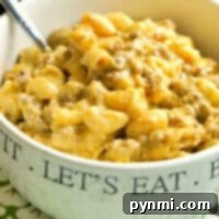 A hearty bowl of Instant Pot cheeseburger macaroni, featuring cheesy pasta and seasoned ground beef, served with a spoon on a wooden surface.