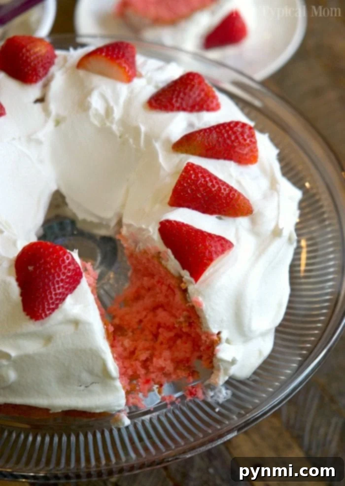 Simple, Moist, and Egg-Free: The Best 2-Ingredient Strawberry Cake! Close-up of a beautifully decorated 2-ingredient strawberry cake slice, adorned with fresh strawberries.