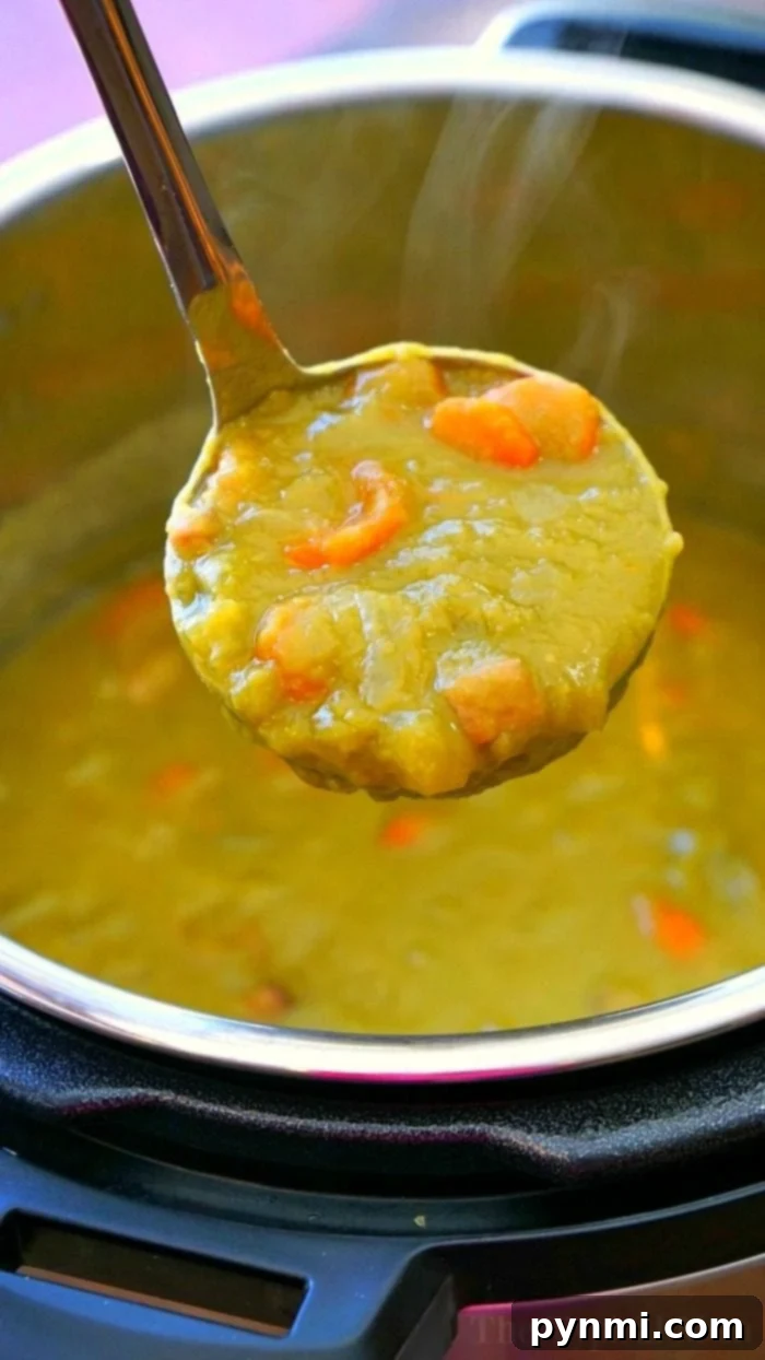 Creamy Instant Pot Split Pea Soup 5 A bowl of Instant Pot Split Pea Soup, garnished with fresh parsley, ready to be enjoyed.