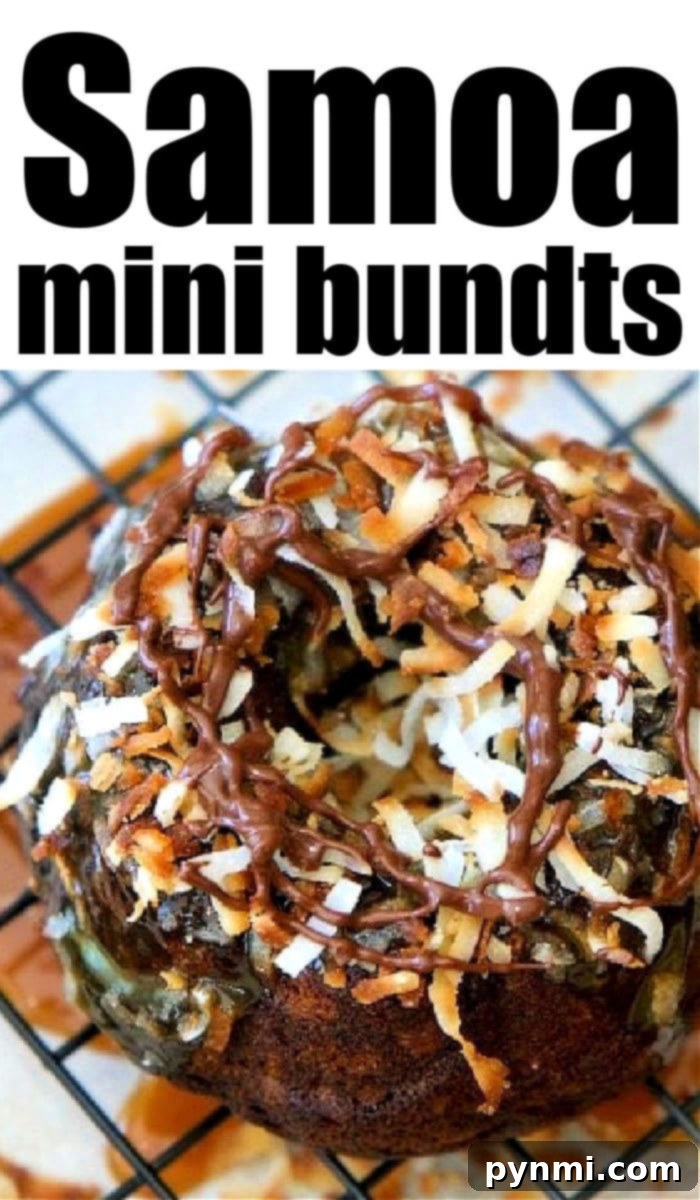Mini bundt cake perfectly topped with toasted coconut and drizzled chocolate cooling on a wire rack.