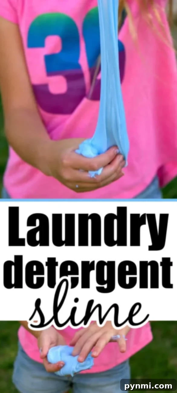Discover the easiest way how to make slime with laundry detergent and glue. This 2-ingredient recipe creates a fantastic borax-free slime that kids will love to stretch and play with! Two-ingredient slime being stretched