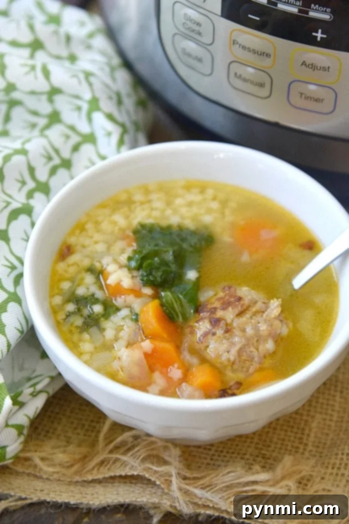 Savory Instant Pot Italian Wedding Soup – Quick & Wholesome Hearty Instant Pot Italian Wedding Soup, ready to be served, showcasing meatballs, pasta, and greens.