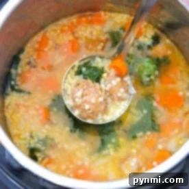 Ladle serving Italian wedding soup with meatballs, carrots, spinach, and pasta from an Instant Pot.