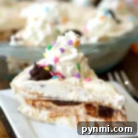 A slice of luscious, easy layered pie topped with whipped cream and colorful star sprinkles sits invitingly on a white plate.