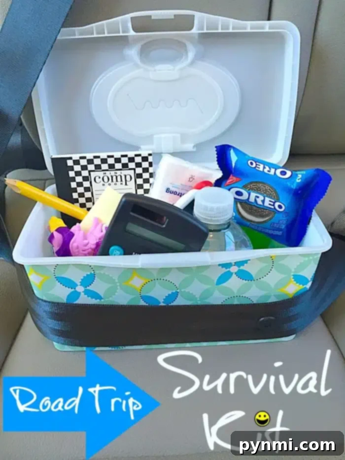 Creative Road Trip Busy Bags for Kids A 'Road Trip Survival Kit' with a disposable camera, snacks, games, and water, secured in a car seat.