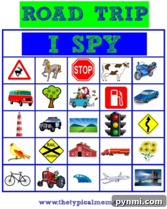 Printable Road Trip I Spy Scavenger Hunt Road Trip I Spy game sheet featuring a Nature Scavenger Hunt list with images of road signs, vehicles, animals, and nature for kids.