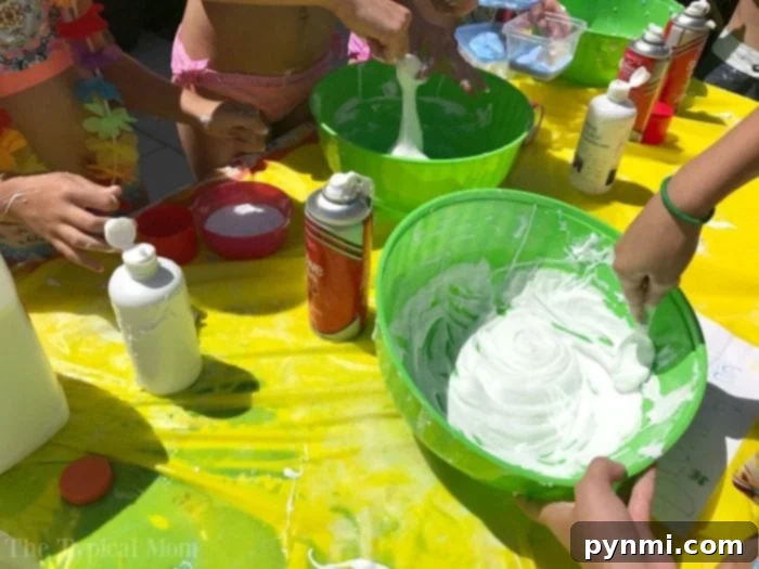 Host an unforgettable slime party where kids create and take home their unique, gooey masterpieces. Group of happy children proudly showing off their homemade slime creations