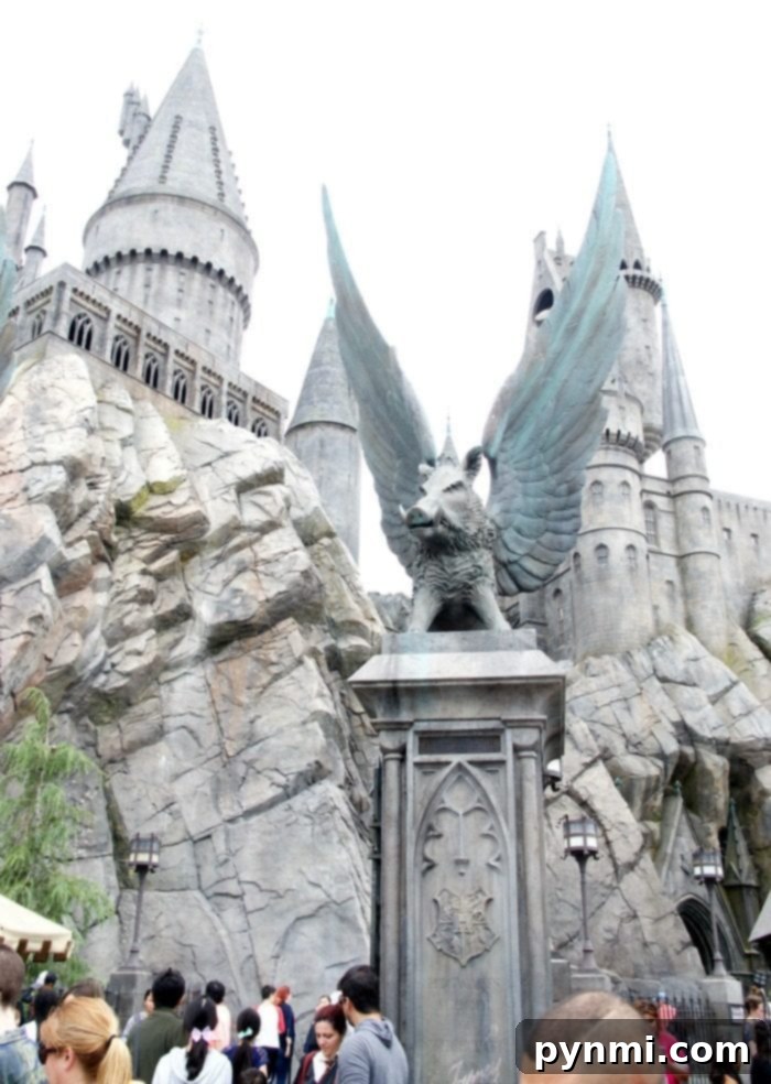 Hogwarts Castle, home of the Harry Potter and the Forbidden Journey ride, majestically overlooking Hogsmeade Village.