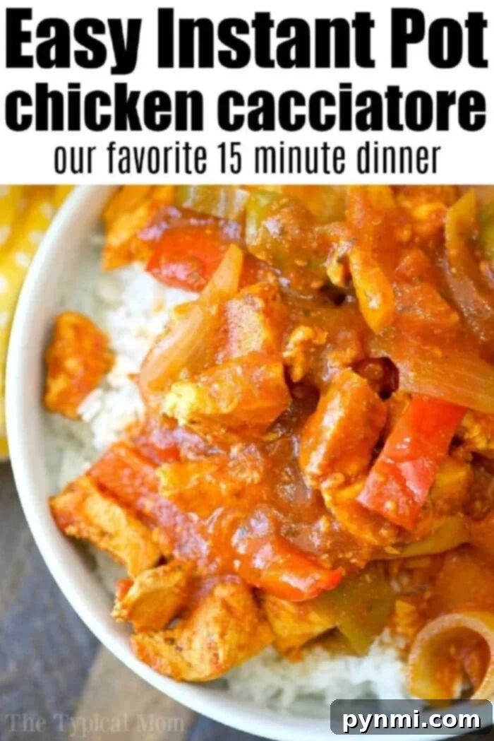Instant Pot Chicken Cacciatore Recipe: Tender chicken and sauce with lots of vegetables. Quick and easy in your pressure cooker. Easy Instant Pot Chicken Cacciatore with tender chicken, bell peppers, and onions in rich tomato sauce.