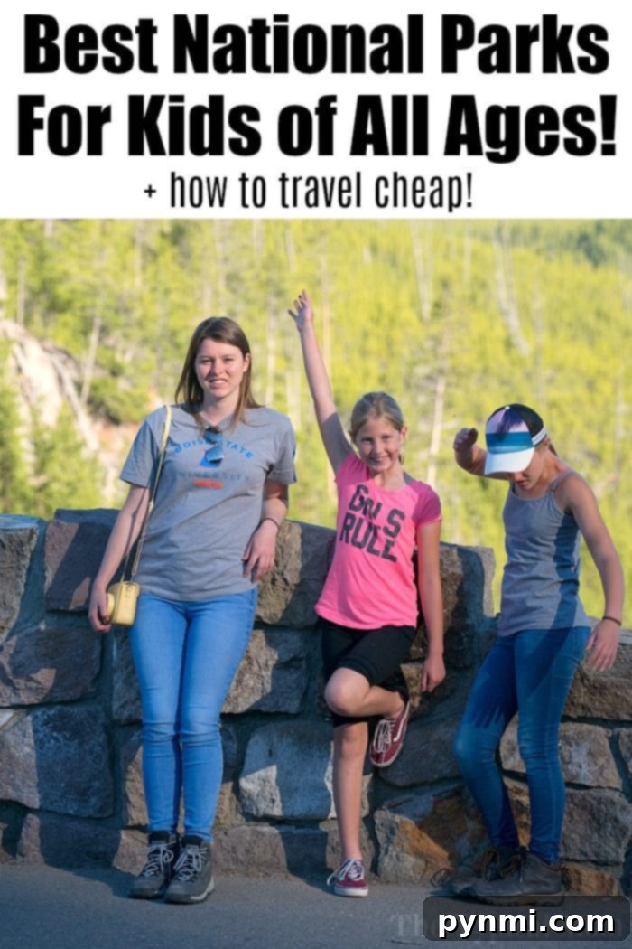 The best National Parks for kids are here, from a family who road trips year round! When you should visit and how to save money when you travel with kids. #nationalparks #bestnationalparks #kids #familytravel #travelingwithkids Family exploring a National Park, illustrating the best National Parks for kids and family travel tips.