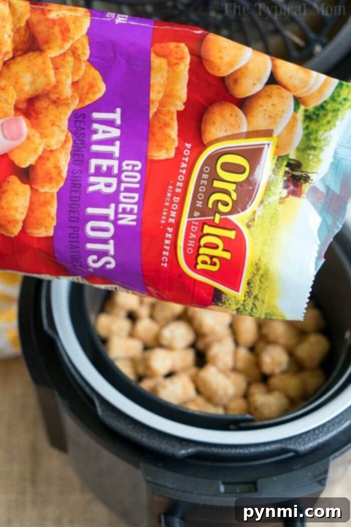 Close-up of golden, crispy air fryer frozen tater tots, perfect for snacking or making pie crusts