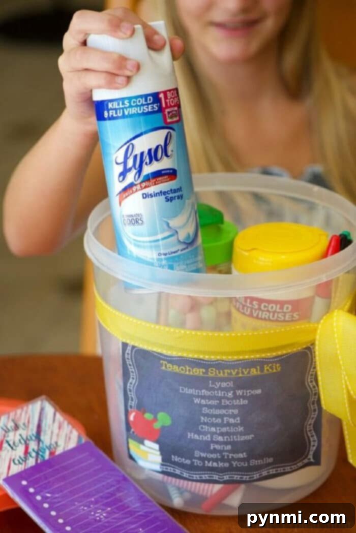 Summer is over and it's time to put together this Back to School Teacher Survival Kit! Here's the free printable and list of things they will all need. Back to school teacher survival kit with cleaning supplies and personal items