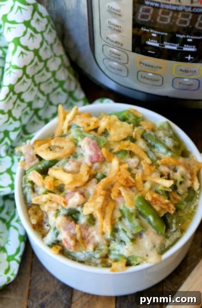 Delicious Instant Pot Green Bean Casserole with Bacon and Crispy Fried Onions - A Must-Try Pressure Cooker Side Dish! Instant Pot Green Bean Casserole with Crispy Bacon and Fried Onions