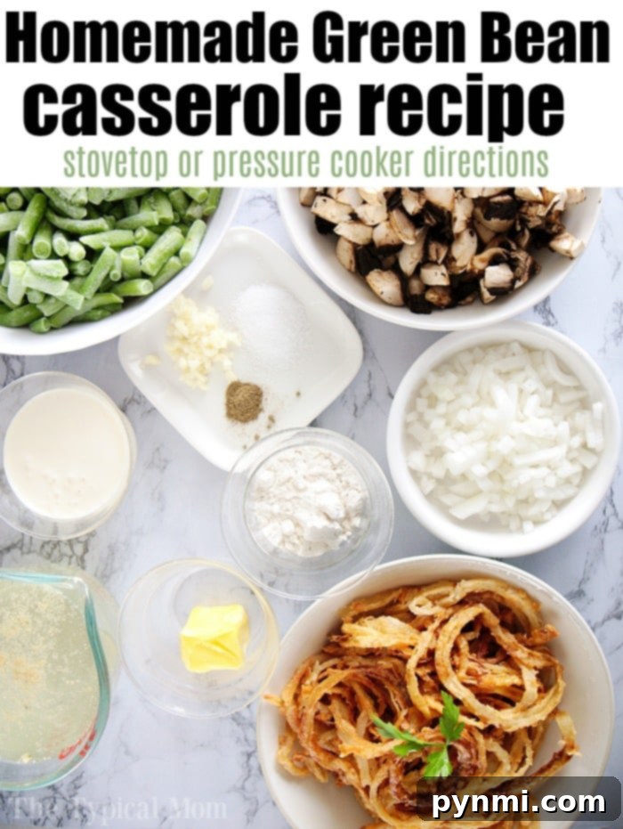 Perfectly cooked Pressure Cooker Green Bean Casserole - A Quick and Delicious Side Dish! Close-up view of pressure cooker green bean casserole, generously topped with golden fried onions.