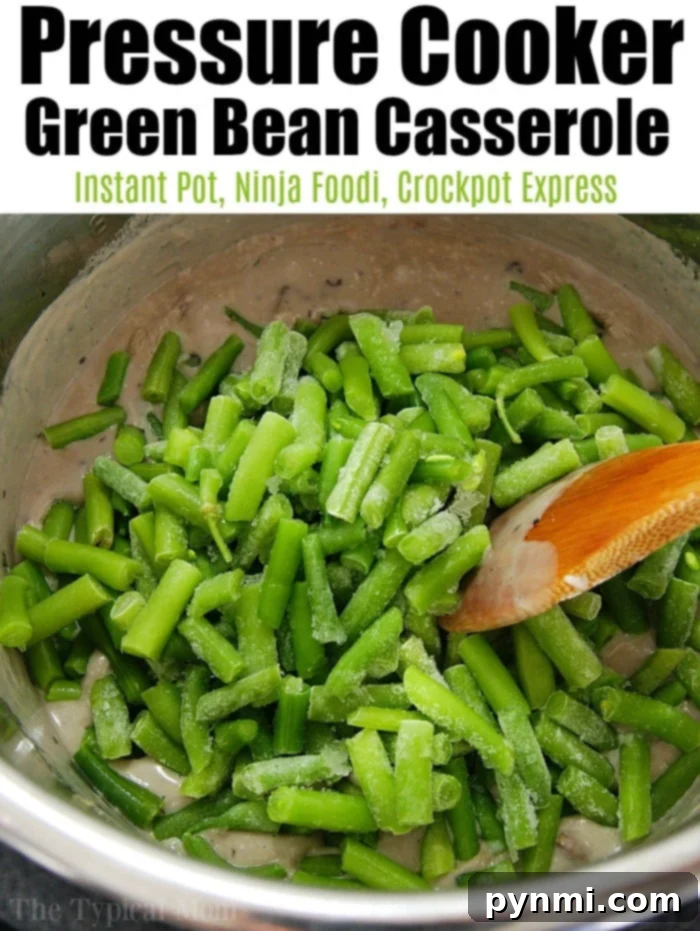 Homemade Pressure Cooker Green Bean Casserole - Perfect for Ninja Foodi, Crockpot Express, and Instant Pot! Delicious pressure cooker green bean casserole served in a white bowl, ready for a holiday meal.