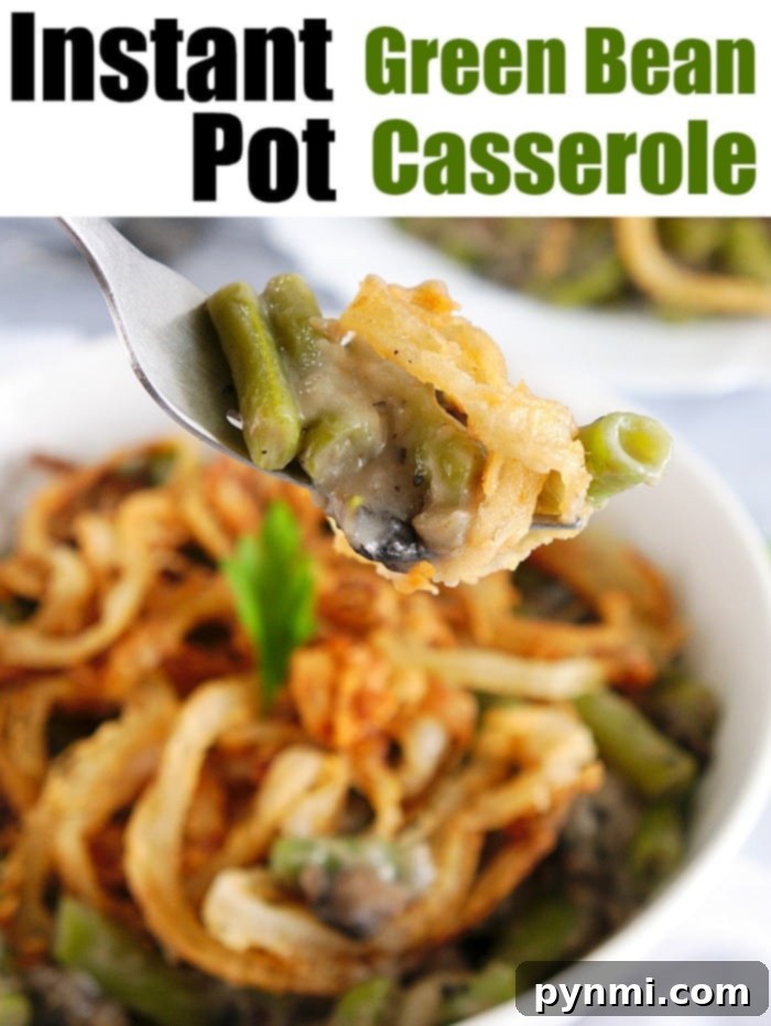Creamy and Delicious Instant Pot Green Bean Casserole - A Holiday Favorite! Instant Pot green bean casserole with golden fried onions, served in a white dish on a rustic wooden table.