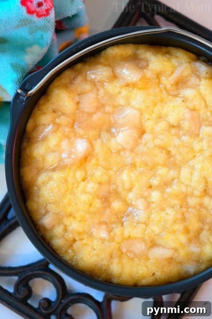 Instant Pot Magic Cake 4 Warm, creamy Instant Pot dump cake, perfectly baked in a decorative ramekin, resting on a trivet, highlighting the ease of pressure cooker baking.