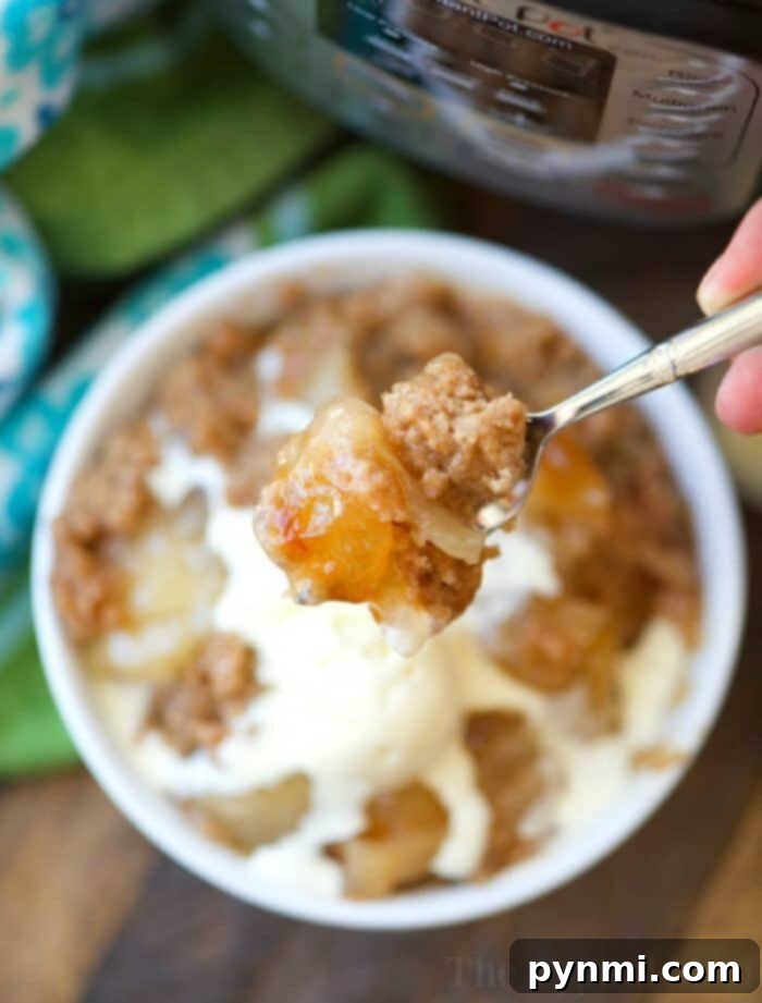 Instant Pot Magic Cake 6 A generous slice of Instant Pot apple dump cake, showcasing its moist texture and rich fruit filling, garnished with a dusting of powdered sugar.