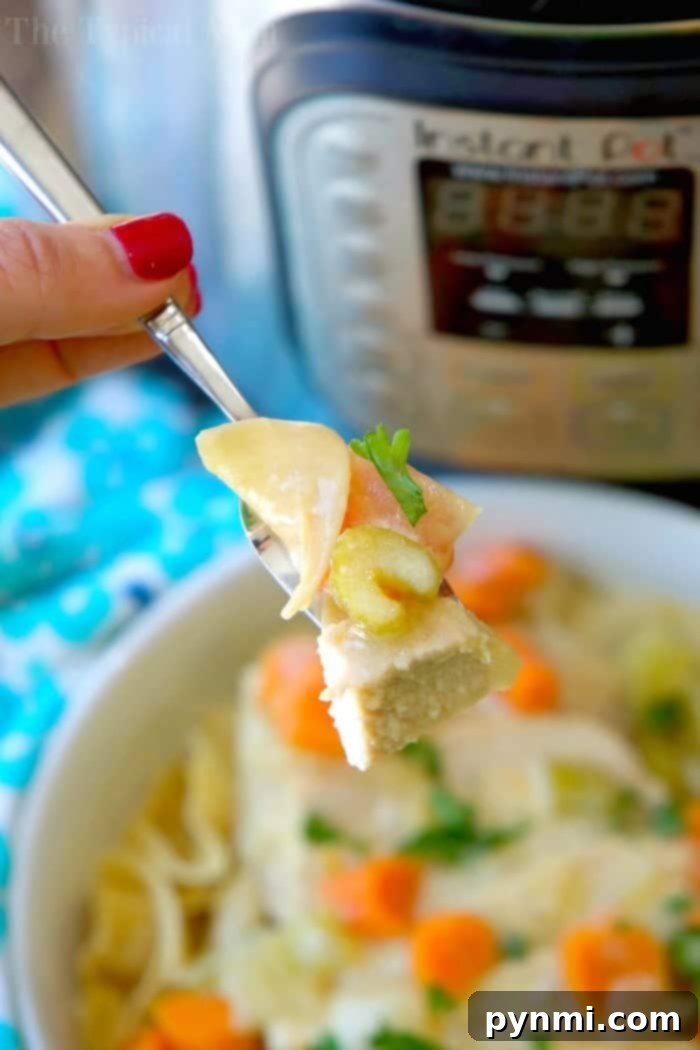 Easy Instant Pot Pork Stroganoff Recipe: Tender Pork & Creamy Sauce A fork lifts a generous bite of creamy pork stroganoff with noodles and carrots from a bowl, an Instant Pot softly blurred in the background, embodying the comfort and convenience of this easy recipe.