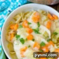 A hearty bowl of pork stew with carrots, celery, and pasta, all warmly garnished with parsley, representing a delicious Instant Pot Pork Stroganoff recipe.