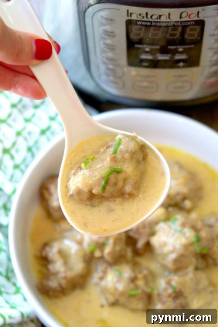 Instant Pot Swedish meatballs recipe! Total comfort food at it's finest and takes less than 20 minutes to make. You've got to try it with frozen meatballs or make them yourself! Keto friendly #instantpot #swedishmeatballs #meatballs #pressurecooker #instantpotrecipes #thetypicalmom #keto easy homemade instant pot swedish meatballs