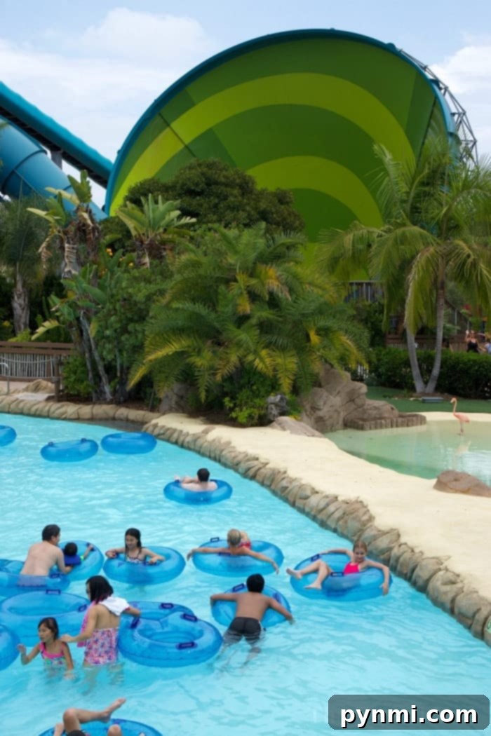 Aerial view of SeaWorld Aquatica San Diego with water slides and pools