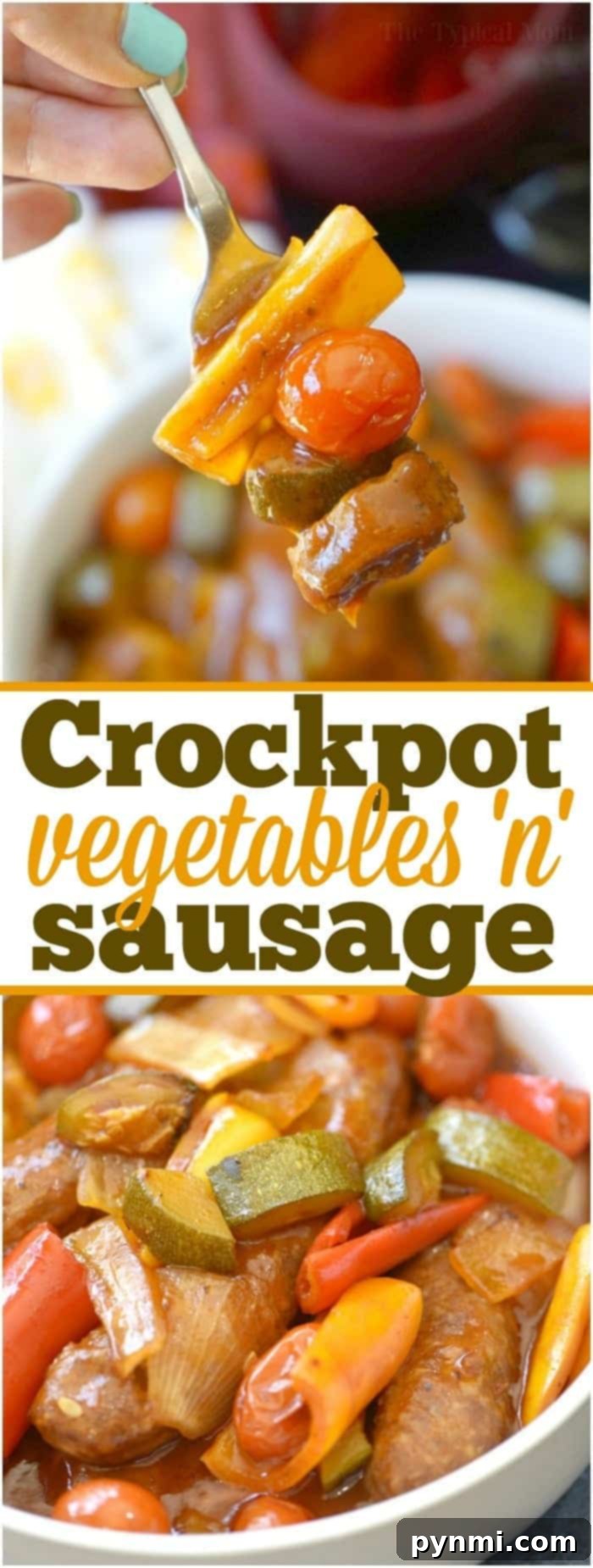 crockpot sausage and vegetables served in a bowl