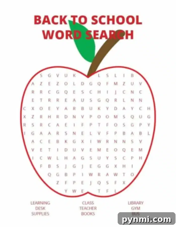 This back to school word search is fun for kids in the classroom or at home too! Easy enough for younger grades yet still fun for older kids as well! #backtoschool #apple #wordsearch #school #elementary #kindergarten #free #printable An engaging back to school word search fashioned in the shape of an apple. Dive into this puzzle where you'll hunt for words like Learning, Desk, Supplies, Teacher, Library, and more. The words are cleverly hidden within the apple grid, perfect for ringing in the new school year!