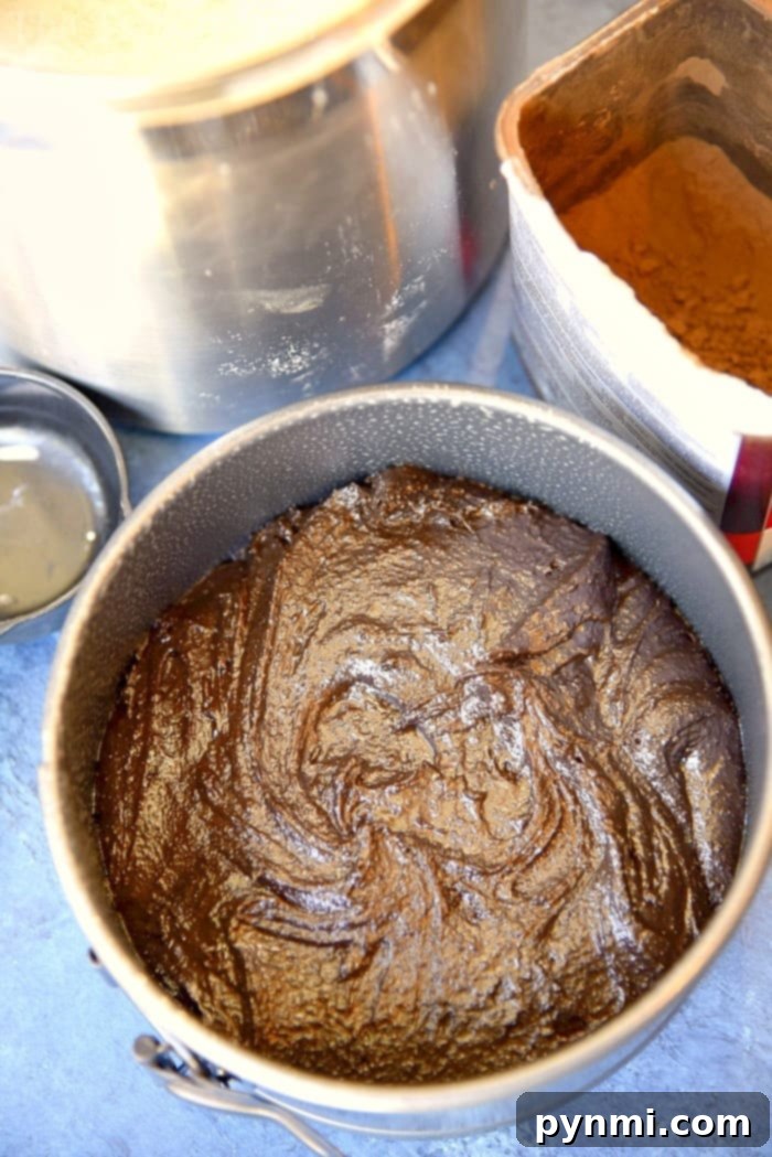 Cake batter in a round baking pan sits next to a bowl and a box of cocoa powder on a blue countertop, waiting to transform into an instant pot chocolate cake. The scene suggests preparation for a rich dessert.