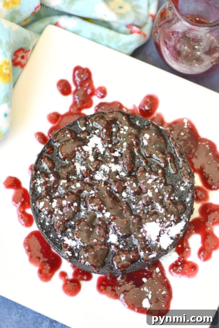 A generous slice of Instant Pot chocolate cake, topped with a vibrant red raspberry sauce and a dusting of powdered sugar, presented on a white plate with a fork.