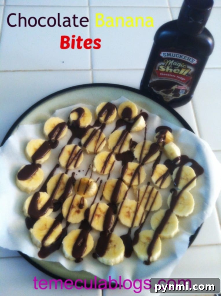 Effortless Summer Bites 4 IMG_1375 - Appetizing close-up of chocolate banana bites, showing the glossy chocolate coating on banana slices.