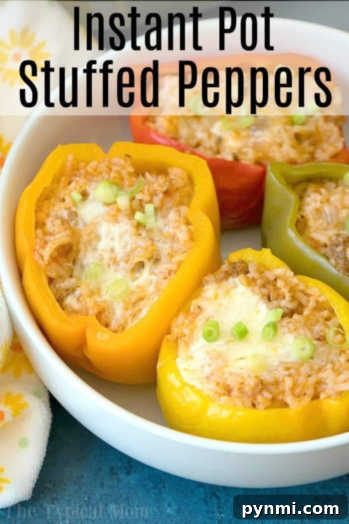 Effortless Instant Pot Stuffed Peppers 10 A serving of two Instant Pot stuffed peppers, ready to eat, with a fork cutting into the tender pepper.