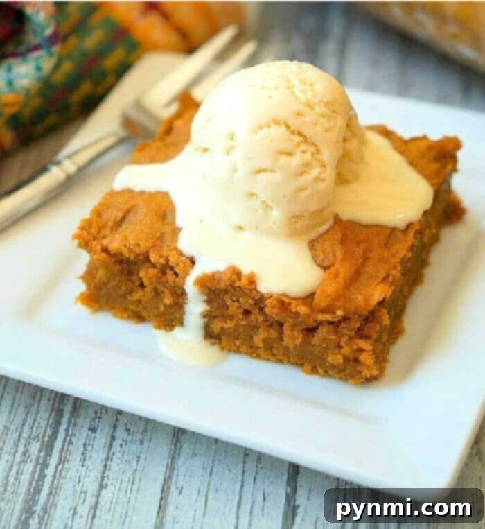 Decadent Cake Mix Pumpkin Pudding Delight 2 A generous slice of easy pumpkin pudding cake, perfectly baked, is crowned with a melting scoop of creamy vanilla ice cream on a pristine white plate, showcasing its moist texture and inviting warmth.