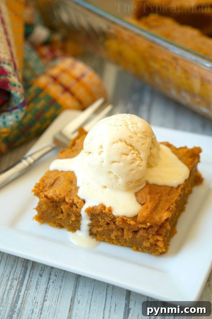 Decadent Cake Mix Pumpkin Pudding Delight 5 The finished easy pumpkin pudding cake, golden brown and glistening, sits in its 9x13 inch baking dish, ready to be sliced and served.