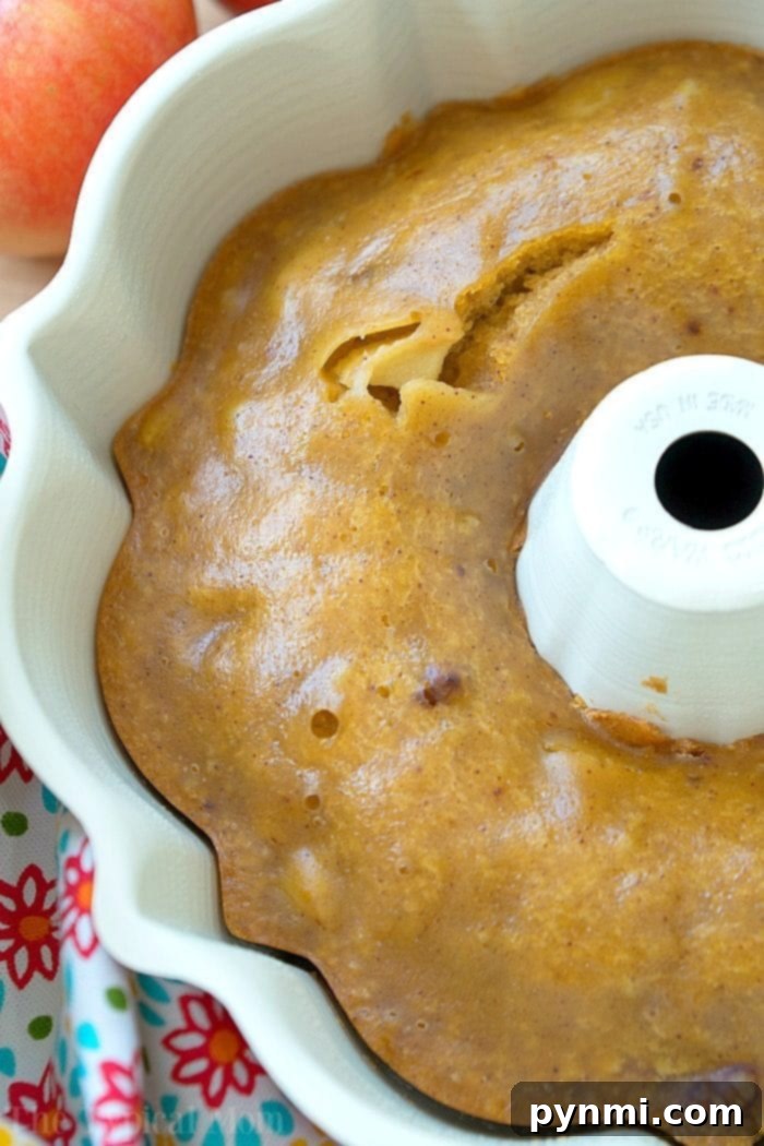 Harvest Spice Pumpkin Apple Bread 4 Close-up of a golden-brown easy pumpkin apple bread, perfectly baked in a white Bundt pan, revealing its beautiful cracks and texture.