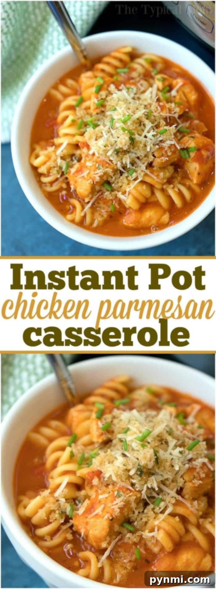 A close-up of a steaming Instant Pot chicken parmesan casserole, topped with golden breadcrumbs.