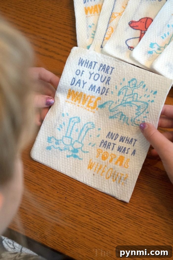 Conversation starters on napkins add fun to family dinner while enjoying Instant Pot Chicken Parmesan Casserole.