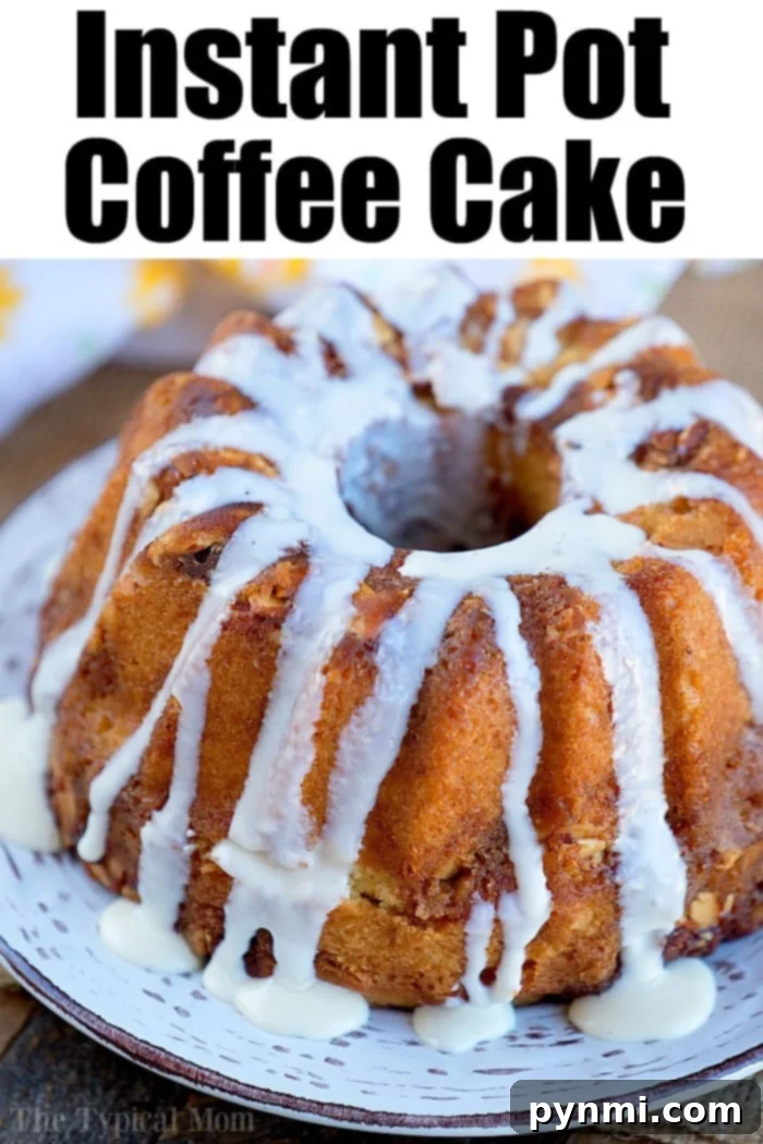 Instant Pot coffee cake is amazing! Bake it in the oven or in your pressure cooker with some coffee for the perfect breakfast. Caramel coffee cake comes out moist with all of the flavors locked in and I love it so I can bake during the summertime and not heat my house up! #coffeecake #instantpot #pressurecooker #breakfast #instantpotrecipes #thetypicalmom #caramel #cake instant pot coffee cake 2
