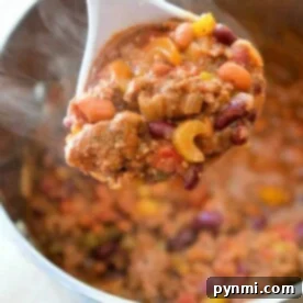 A white ladle holds a hearty blend reminiscent of an easy Bloody Mary chili recipe, featuring kidney beans, ground meat, and diced vegetables over a steaming pot filled with the same savory mixture.