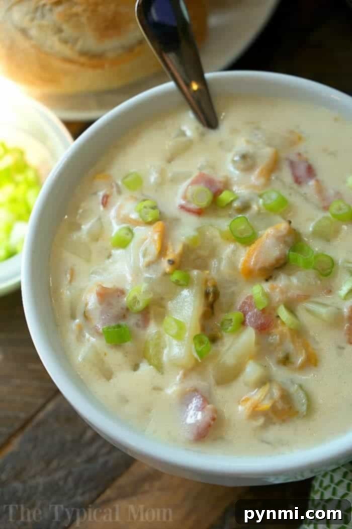 Easy Instant Pot clam chowder soup recipe is packed with bacon and potatoes! One of the best pressure cooker soups I've made yet in just 10 minutes and it tastes just like Boudin Bakery's in San Francisco! Creamy and delicious dinner that my kids rave about and there are never leftovers. #instantpot #soup #clamchowder #pressurecooker #clam #chowder #thetypicalmom #instantpotrecipes Instant Pot New England clam chowder