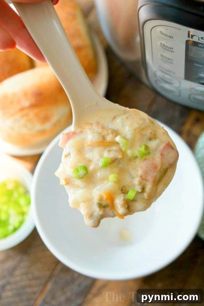 Easy Instant Pot clam chowder soup recipe is packed with bacon and potatoes! One of the best pressure cooker soups I've made yet in just 10 minutes and it tastes just like Boudin Bakery's in San Francisco! Creamy and delicious dinner that my kids rave about and there are never leftovers. #instantpot #soup #clamchowder #pressurecooker #clam #chowder #thetypicalmom #instantpotrecipes instant pot clam chowder