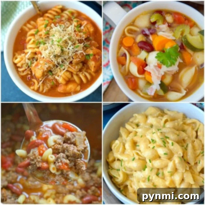 Easy Instant Pot pasta recipes to get you started with your pressure cooker! Simple soups and main dishes with pasta in them that we love. #instantpotrecipes #instantpot #ninjafoodirecipes #ninjafoodi #thetypicalmom #pasta nstant pot pasta recipes - various pasta dishes in a collage