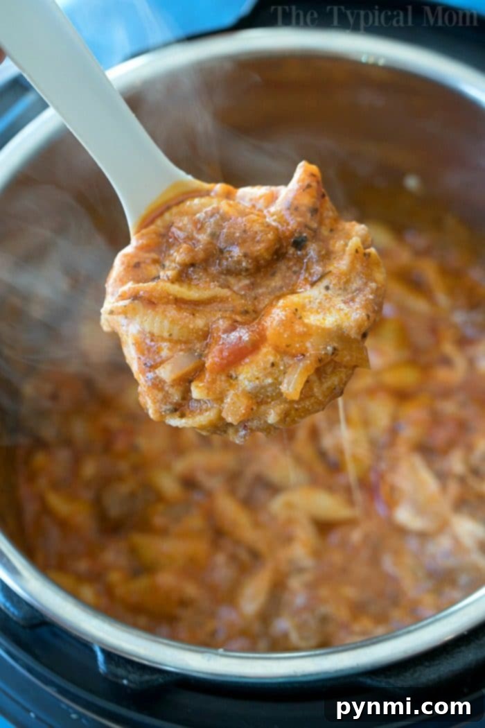 Pressure Cooker lasagna casserole recipe our whole family loves. Cheesy Instant Pot lasagna but in a casserole which makes it much easier to make! Make it in your Ninja Foodi too. #instantpot #ninjafoodi #lasagna #casserole #pressurecooker #instantpotrecipes #thetypicalmom A ladle scoops cheesy pressure cooker lasagna from an Instant Pot, with steam rising.