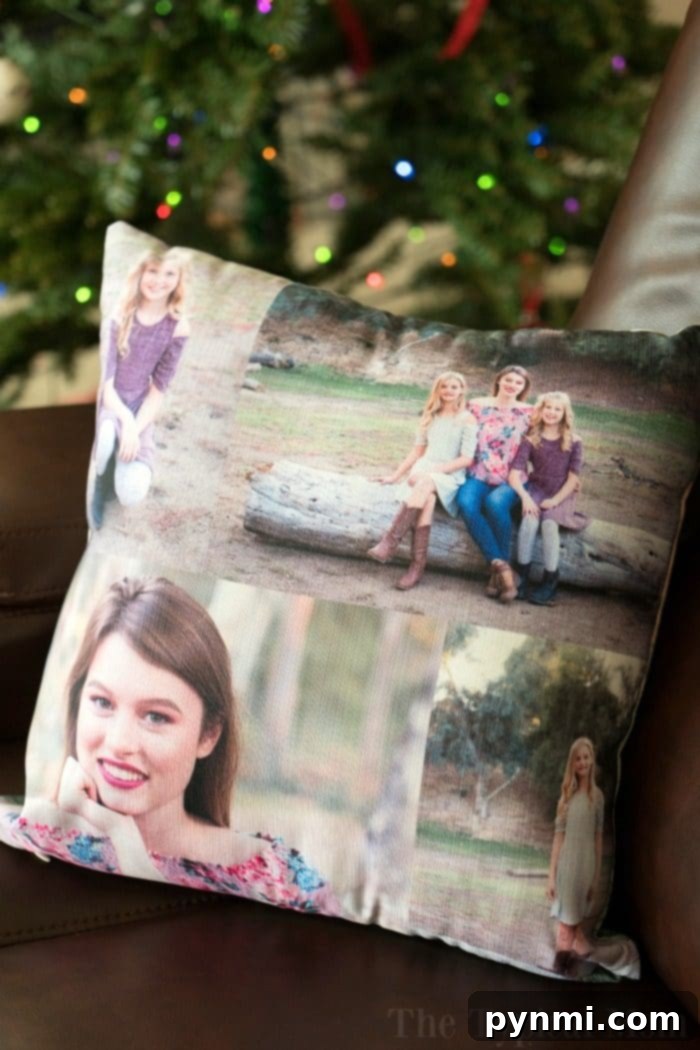 A custom printed throw pillow showcasing multiple cherished family photos on one side, adding a personal touch to home decor.