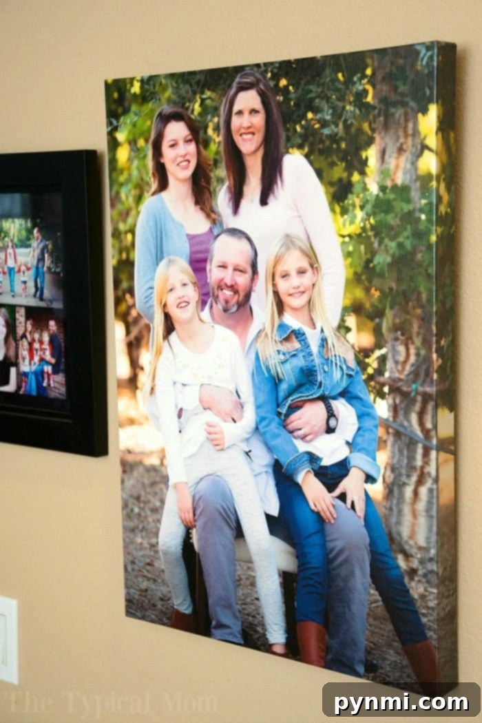 A beautifully printed custom canvas print featuring a vibrant family photo, ready to adorn any home wall.